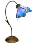 One Light Blue Lily Table Lamp With Dark Antique Bronze Finish, Gossamer Lily Blossom Five Panel Art Glass, Elegant Floral Glow