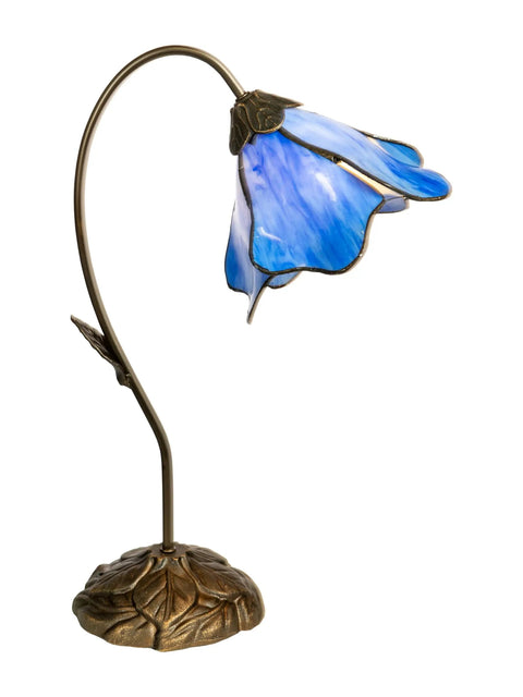 One Light Blue Lily Table Lamp With Dark Antique Bronze Finish, Gossamer Lily Blossom Five Panel Art Glass, Elegant Floral Glow