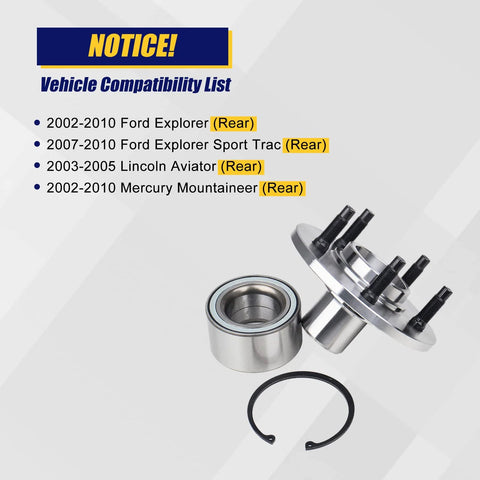 Rear Wheel Bearing And Hub Assembly Model 521000 Beefy Heavy Duty Compatible With Ford Explorer 2002 To 2010, Explorer Sport Trac 2007 To 2010, Lincoln Aviator 2003 To 2005, Mercury Mountaineer 2002 To 2010, 5 Lug Bolts with compatibility list