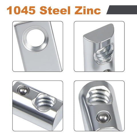 Close-up of 22 Pack One Quarter Inch 20 Threaded Steel Roll In T Nuts With Ball Spring, zinc finish for secure T-slot rail assembly.