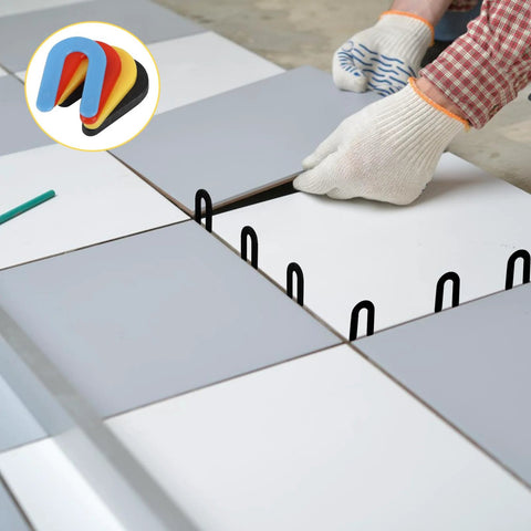 Four-color plastic horseshoe tile shims for leveling; blue, red, yellow, black U-shaped spacers