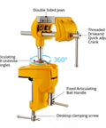 Badass Heavy Duty Cast Steel Bench Vise With Full 360 Swivel Ball Joint And Quick Grip Clamp Mount For Workbenches showing double sided jaws and 360° articulation.
