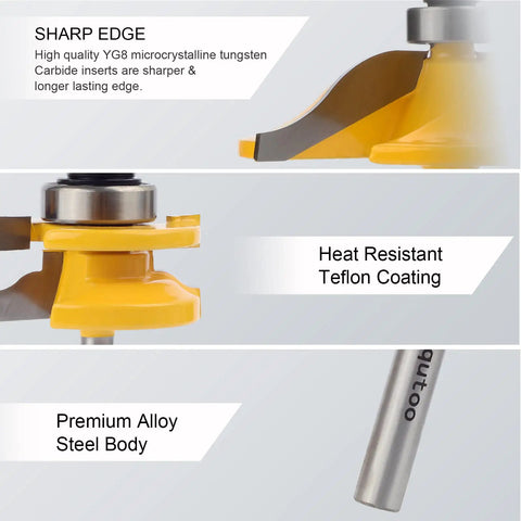 Three Piece One Quarter Inch Shank Router Bit Set For Raised Panel Cabinet Doors And Window Frames Cemented Carbide Woodworking Bits with sharp edge and heat resistant coating.