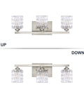 Sleek Modern Bathroom Light Fixtures With Three Crystal Glass Vanity Lights Over Mirror In Brushed Nickel Finish G9 Bulb Not Included Ideal For Master Ensuite Powder Room Easy To Install Durable Design, upright and downward views.