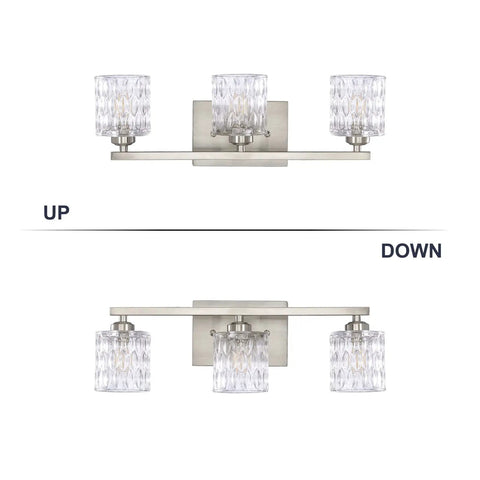 Sleek Modern Bathroom Light Fixtures With Three Crystal Glass Vanity Lights Over Mirror In Brushed Nickel Finish G9 Bulb Not Included Ideal For Master Ensuite Powder Room Easy To Install Durable Design, upright and downward views.