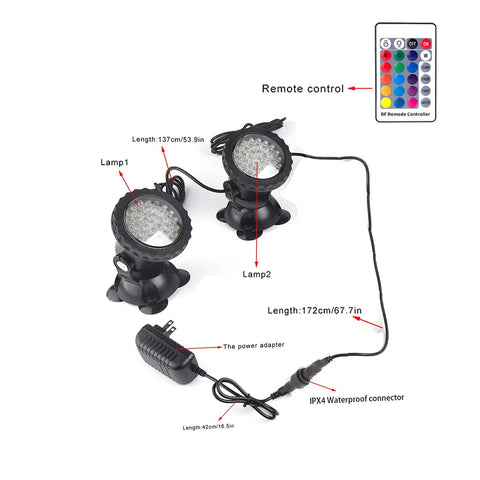 Underwater Pond Lights Set Of 6, Colorful Submersible LED Spotlight With IP68 Waterproof, Remote Control, showing two lights and adapter