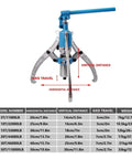 Built Tough Heavy Duty Hydraulic Puller Splitter Tool 50T Capacity with 2 or 3 Jaw Bearing Hub Splitters and size chart