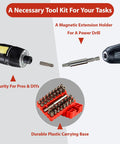 34-Piece Security Bit Set With One-Quarter-Inch Hex Shank For Impact Drivers, carrying base and drill holder visible.
