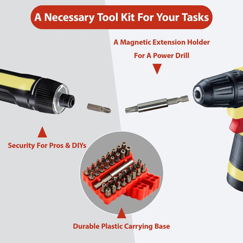 34-Piece Security Bit Set With One-Quarter-Inch Hex Shank For Impact Drivers, carrying base and drill holder visible.