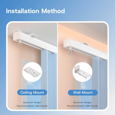 Image showing Heavy Duty Ceiling Curtain Track System With Whisper Quiet Glide For Room Dividers Aluminum Alloy Rails Ceiling Or Wall Mount installation methods.