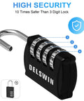 Open black 4-digit combination padlock with stainless steel shackle, suitable for lockers and luggage. Delswin brand visible.