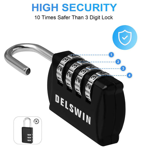 Open black 4-digit combination padlock with stainless steel shackle, suitable for lockers and luggage. Delswin brand visible.