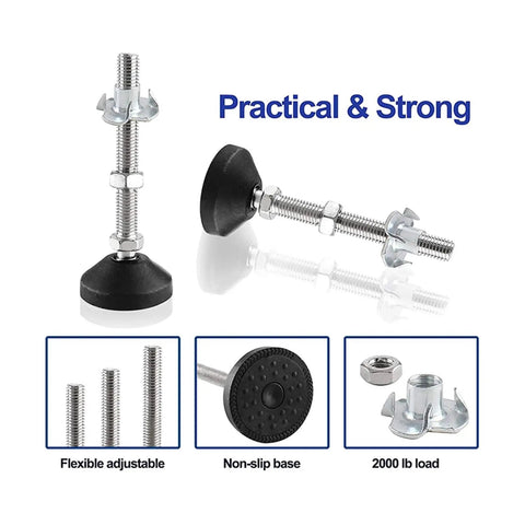 4Pcs Heavy Duty Swivel Leveling Feet M8 M10 M12 Solve Wobbly Furniture Legs with flexible adjustable metal bolts and non-slip base.