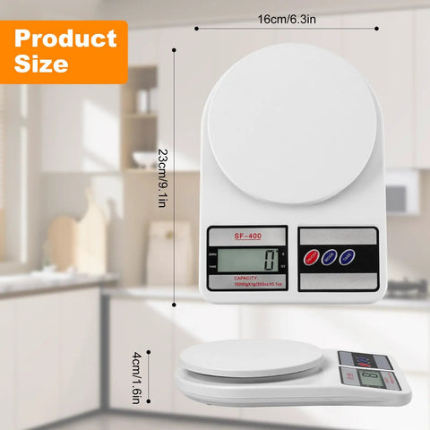 Digital Kitchen Scale With 10Kg Capacity, Stainless Steel Platform, Tare Function, Switch Between Oz And G Units, Replaceable Battery Power, Your Go To Tool For Meal Prep, Cooking And Baking, White Finish showing product size in modern kitchen.