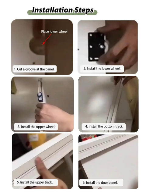 Installation steps for Bypass Sliding Door Hardware Kit For Closet And Cabinet Doors, includes cutting grooves, installing wheels and tracks.