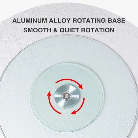 Close-up of the Aluminum bearing swivel base on Heavy Duty Tempered Glass Lazy Susan Rotating Serving Plate.