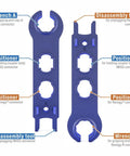 Image of spanner wrench from All In One Solar Panel Crimp Tool Kit with labels indicating uses for various solar connectors.