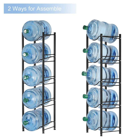 Heavy Duty 3 Tier Water Jug Rack Freestanding 5 Gallon Capacity Brown Water Bottle Organizer shown with two assembly options.