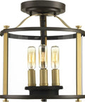 Three-Light Bronze Outdoor Semi-Flush Convertible Fixture With Squire Style, weatherproof lighting, clear glass, bronze finish