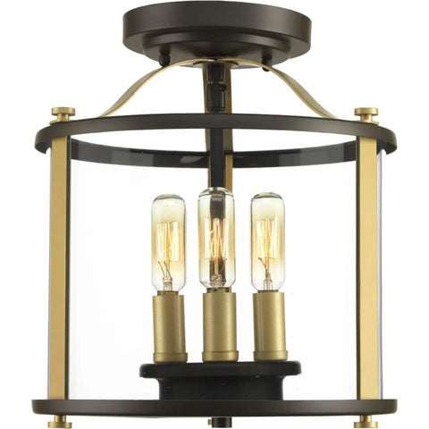 Three-Light Bronze Outdoor Semi-Flush Convertible Fixture With Squire Style, weatherproof lighting, clear glass, bronze finish