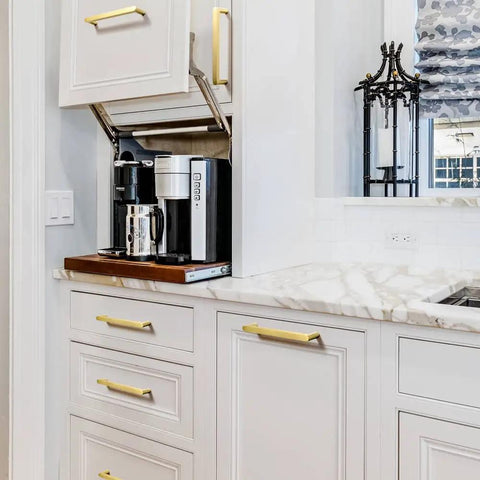 Six Pack Heavy Duty Pure Brass Cabinet Pulls With Matte Brushed Finish 5 Inch Center To Center on white kitchen cabinets.