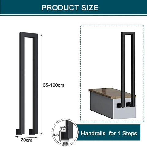 Heavy Gauge Side Mount Step Handrail For Outdoor Stairs And Patio Deck No Fuss Weatherproof with dimensions shown.