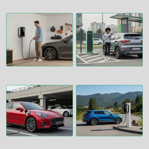 Smart Electric Vehicle Wall Charger With Fast 7KW Hardwired Setup And Type 2 Connector for use in home garage and public charging stations.