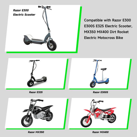 Image of scooters and dirt bikes compatible with 24V Electric Motor Replacement For E300 E300S E325 Scooters And MX350 MX400 Dirt Rocket Bikes.