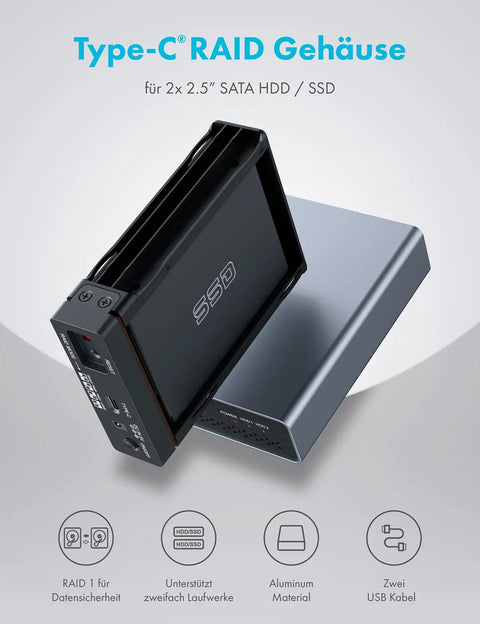 Dual Bay External Raid Enclosure For 2.5 Inch Sata Drives With Usb C Gen Two Ports, close-up of slots and aluminum casing.