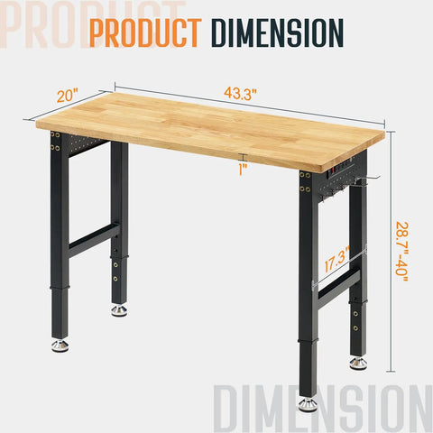 Adjustable Heavy Duty Workbench With Four AC Outlets And Two USB Ports, 2000 Lbs Capacity, Rubber Wood Top dimensions