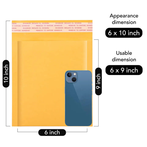 Yellow Kraft Padded Bubble Mailer 6x10 Inch Pack Of 100 Usable 6x9 Inch Size with phone for scale