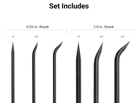 Six Piece Mini Pry Bar Set With 1/4 Inch And 5/32 Inch Bars, Straight, 30 Degree And 50 Degree Tips, Go-To Compact Pry Tool Kit