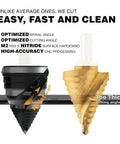 M2 HSS Step Drill Bit 4-32mm by Jerax Tools, black and gold, optimized spiral and cutting angle, nitride finish