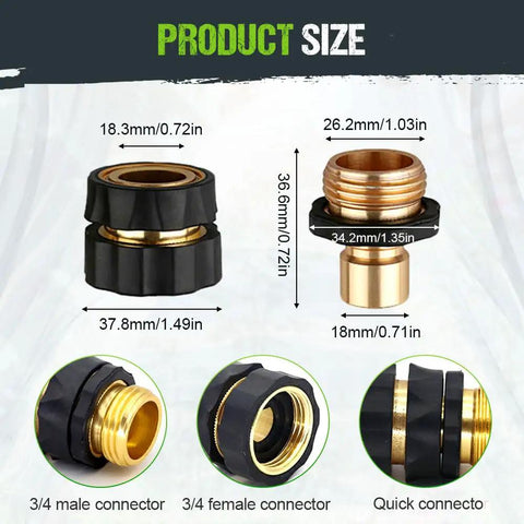 Three Quarter Inch Hose Quick Connect Fittings Kit 2026 Model Water Hose Adapter Durable Universal Quick Release Connector For Hoses Faucets And Outdoor Accessories Instant Connection Leak Free Fit Easy Snap On System, showing dimensions of connectors.