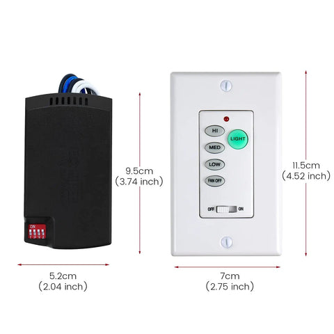 Universal Ceiling Fan Remote Kit With Adjustable Speed And Light Ultra Small Receiver Five Button Control Compact 3.88x2.05x0.95 Inch Unit