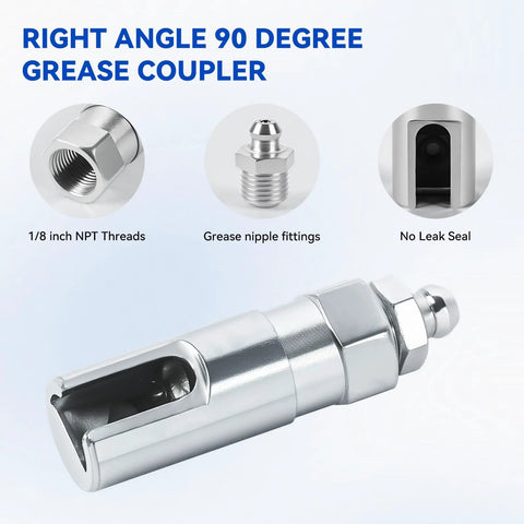 90-degree grease gun coupler with chrome finish; 1/8 in NPT threads, grease nipple fittings, and no-leak seal.