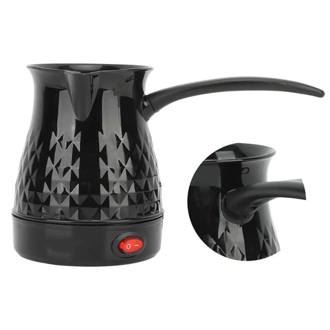 Electric Turkish Coffee Pot With Anti Scald And Even Heating, Dual Safety System, Stainless Steel Kettle Coffee Maker For Home Use, ABS Construction, Safe Materials For Quick No Sweat Brew And Rich Flavor. Black finish with ergonomic handle, close-up view showing on/off switch.