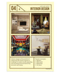 Six Poster Applied Arts Set for Classrooms, 12x18 Inch Design Posters Covering Interior Design with modern and classic room images.
