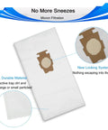 Universal HEPA Cloth Vacuum Bag Set For Sentria Avalir G Series And Diamond Edition Replacement Bags For G3 To G12 205811 205814 6 Pack Easy Install No Mess Pet Hair Friendly High Filtration showing locking system and material details