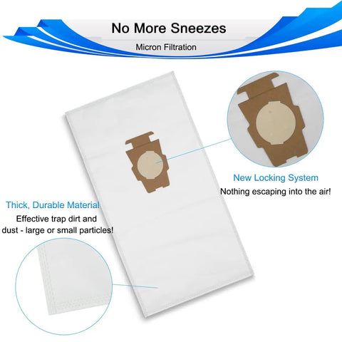 Universal HEPA Cloth Vacuum Bag Set For Sentria Avalir G Series And Diamond Edition Replacement Bags For G3 To G12 205811 205814 6 Pack Easy Install No Mess Pet Hair Friendly High Filtration showing locking system and material details