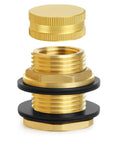 Exploded view of All Brass Garden Hose Bulkhead Fitting With Plug Half Inch Female NPT Three Quarter Inch Male GHT Thread Tank Connector
