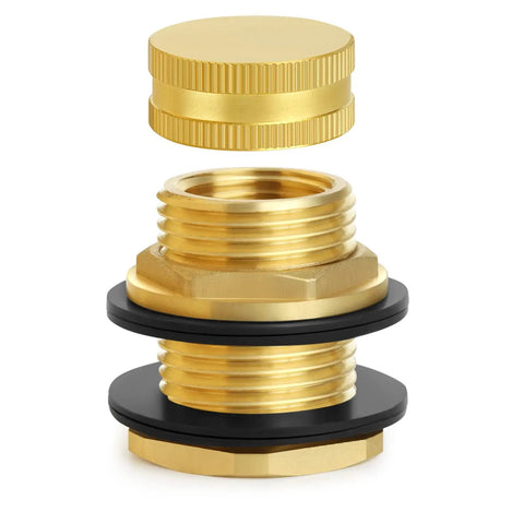 Exploded view of All Brass Garden Hose Bulkhead Fitting With Plug Half Inch Female NPT Three Quarter Inch Male GHT Thread Tank Connector
