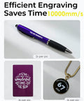 D1 Ultra 30W Fiber and 20W Diode Dual Laser Engraver showcasing engraved pen, card, and pendant for efficient engraving at 10000mm/s.