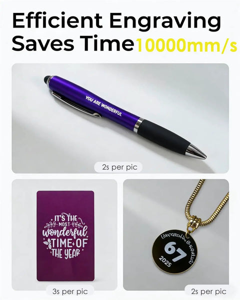 D1 Ultra 30W Fiber and 20W Diode Dual Laser Engraver showcasing engraved pen, card, and pendant for efficient engraving at 10000mm/s.
