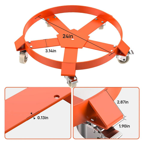 55 Gallon Drum Dolly Built Tough With 1250 Pound Capacity And Sturdy Steel Frame Five Swivel Wheels For Easy Warehouse Drum Handling And Heavy Duty Mobility, close-up of steel frame and swivel wheels.