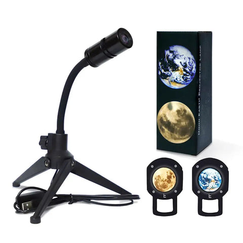 Earth And Moon Projector Lamp With USB Charging, Bendable Stand, and Dual Projection Patterns displayed with packaging