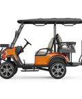 Heavy Duty Four Passenger Electric Shuttle Golf Cart With Ip67 Waterproof Frame and Sixteen Mph City Pace, vivid orange with comfortable seating.