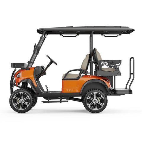 Heavy Duty Four Passenger Electric Shuttle Golf Cart With Ip67 Waterproof Frame and Sixteen Mph City Pace, vivid orange with comfortable seating.