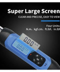 Electric Digital Torque Wrench With Half Inch Bidirectional Ratchet Head And Flexible Adjustable Controls shows large LCD for easy viewing.