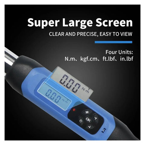 Electric Digital Torque Wrench With Half Inch Bidirectional Ratchet Head And Flexible Adjustable Controls shows large LCD for easy viewing.